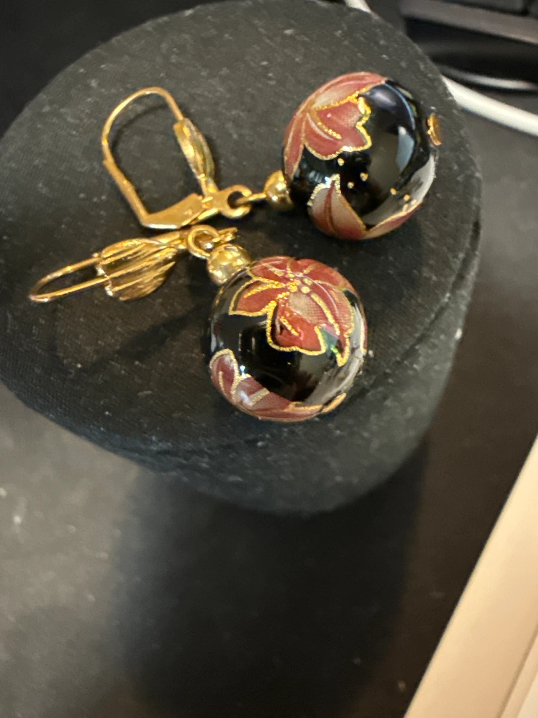 Gold Tone Enamel Floral Drop Earrings