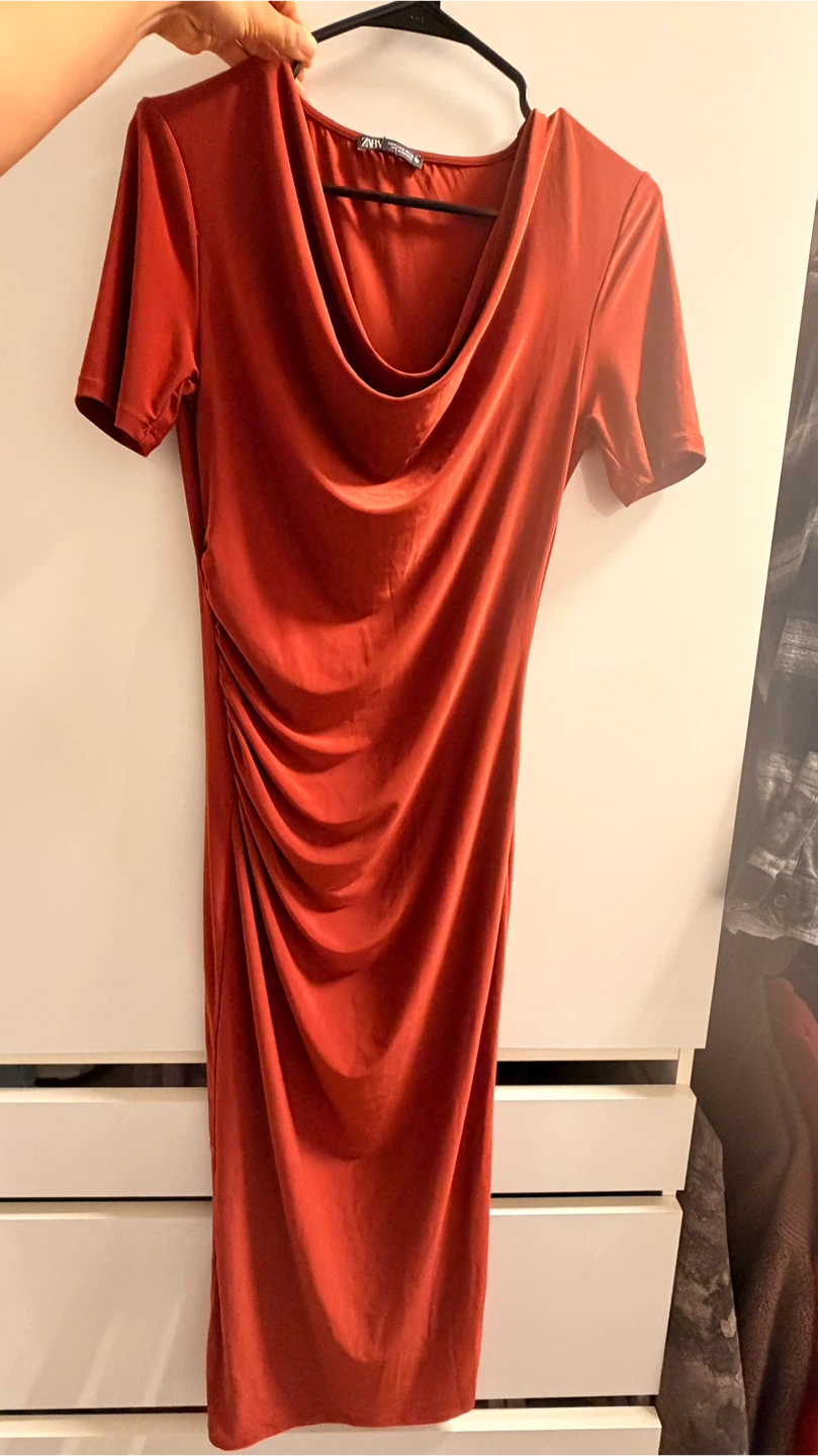 ZARA Ruched Cowl Neck Midi Dress