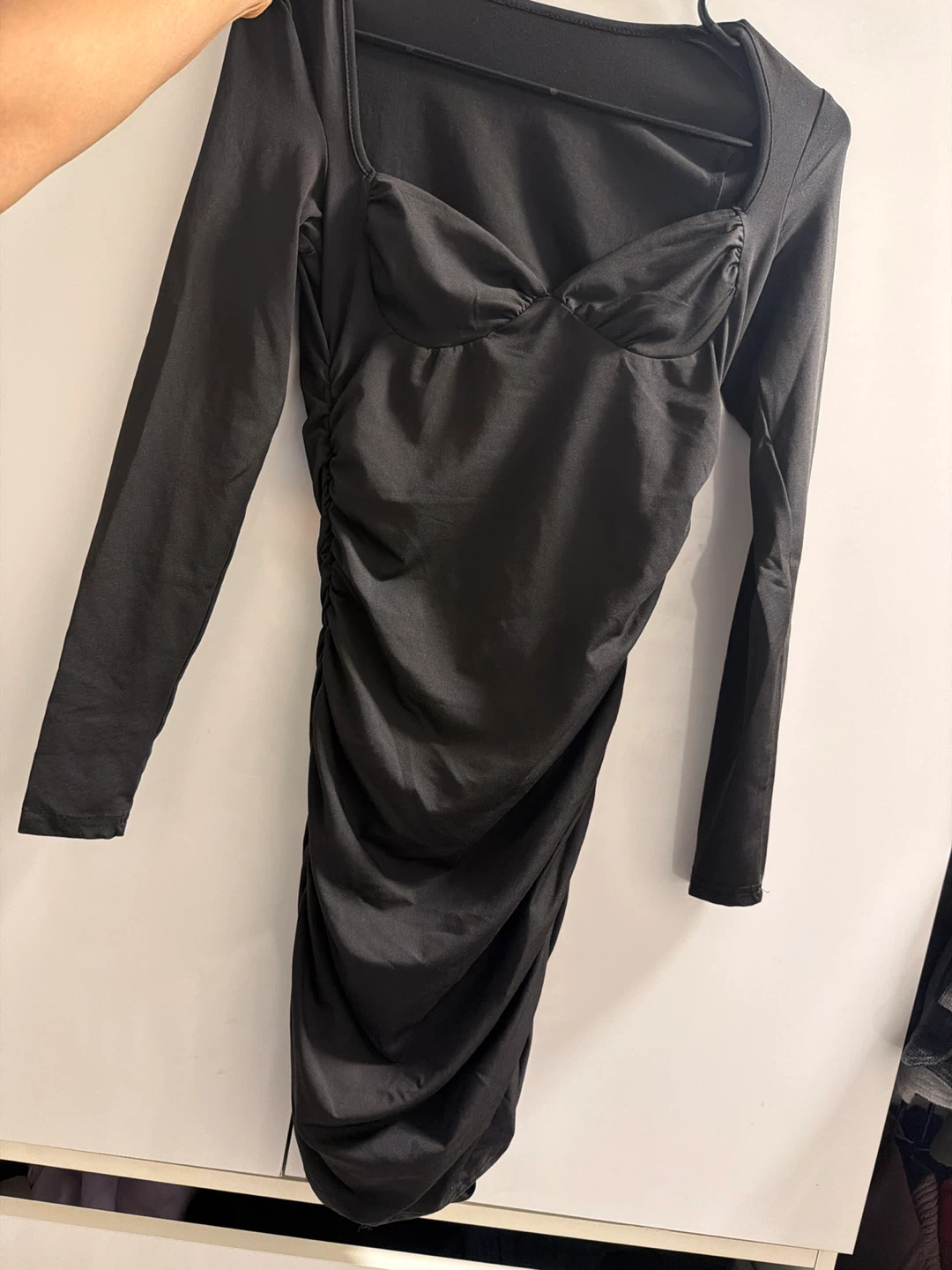 Black Ruched Long Sleeve Dress