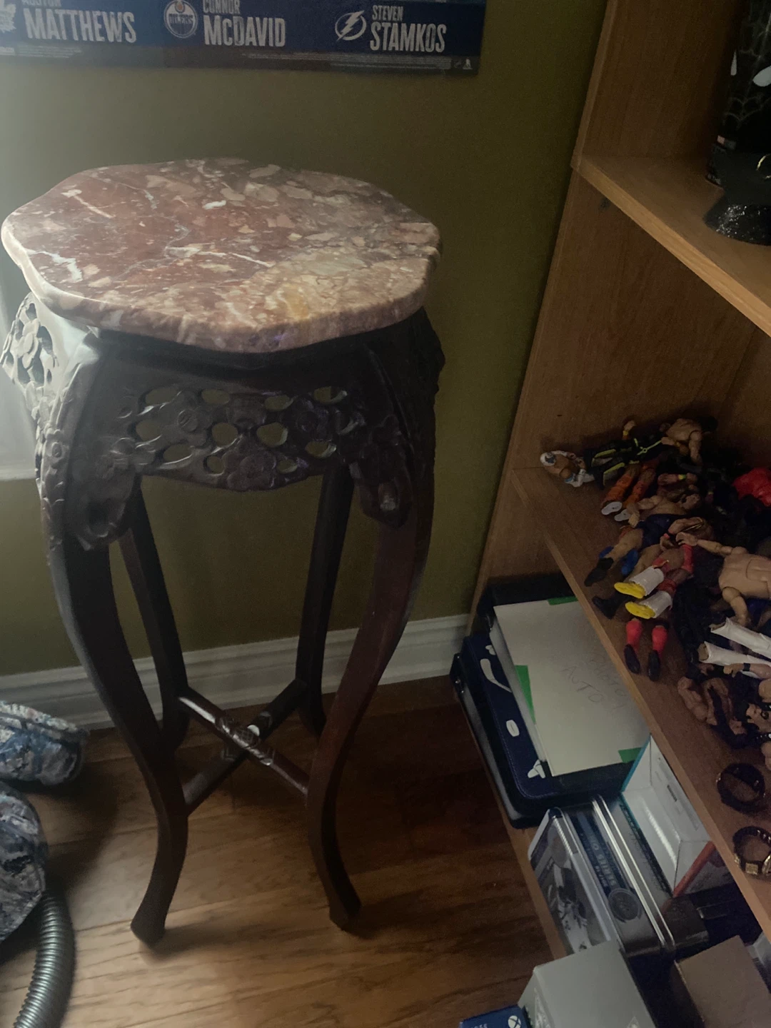Marble Top Plant Stand with Carved Wood Base