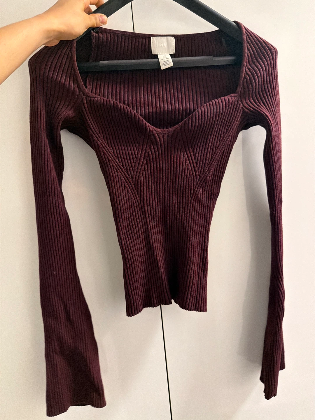 H&M Ribbed Square Neck Long Sleeve Top Burgundy