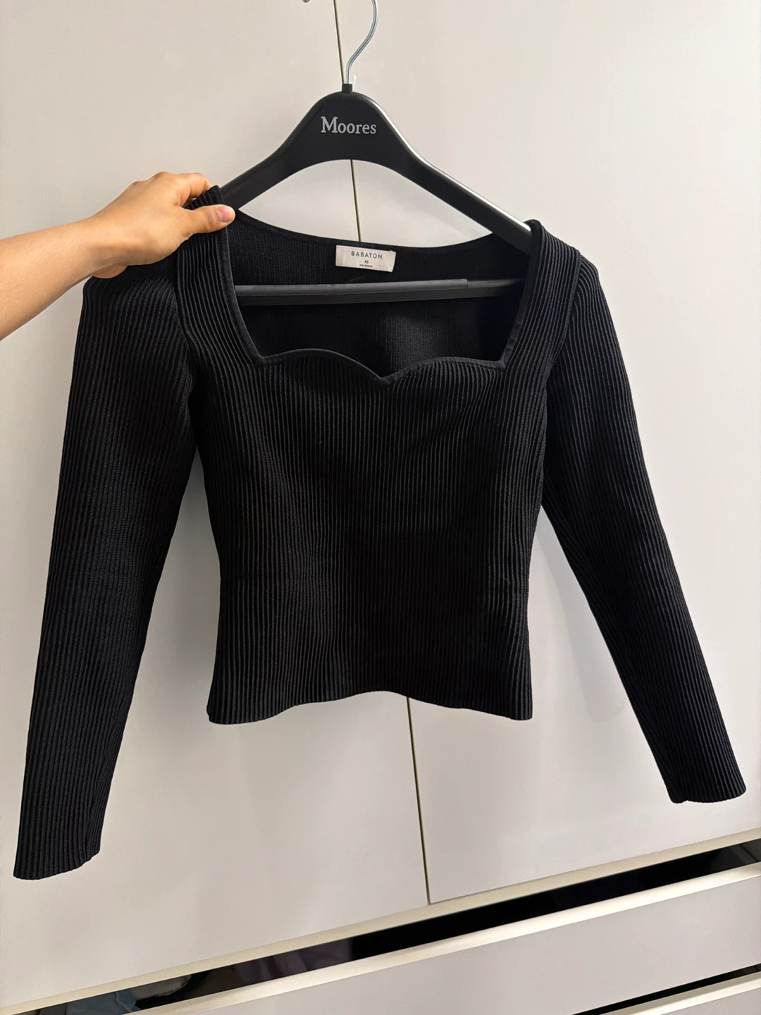 Babaton Black Ribbed Square Neck Long Sleeve Top