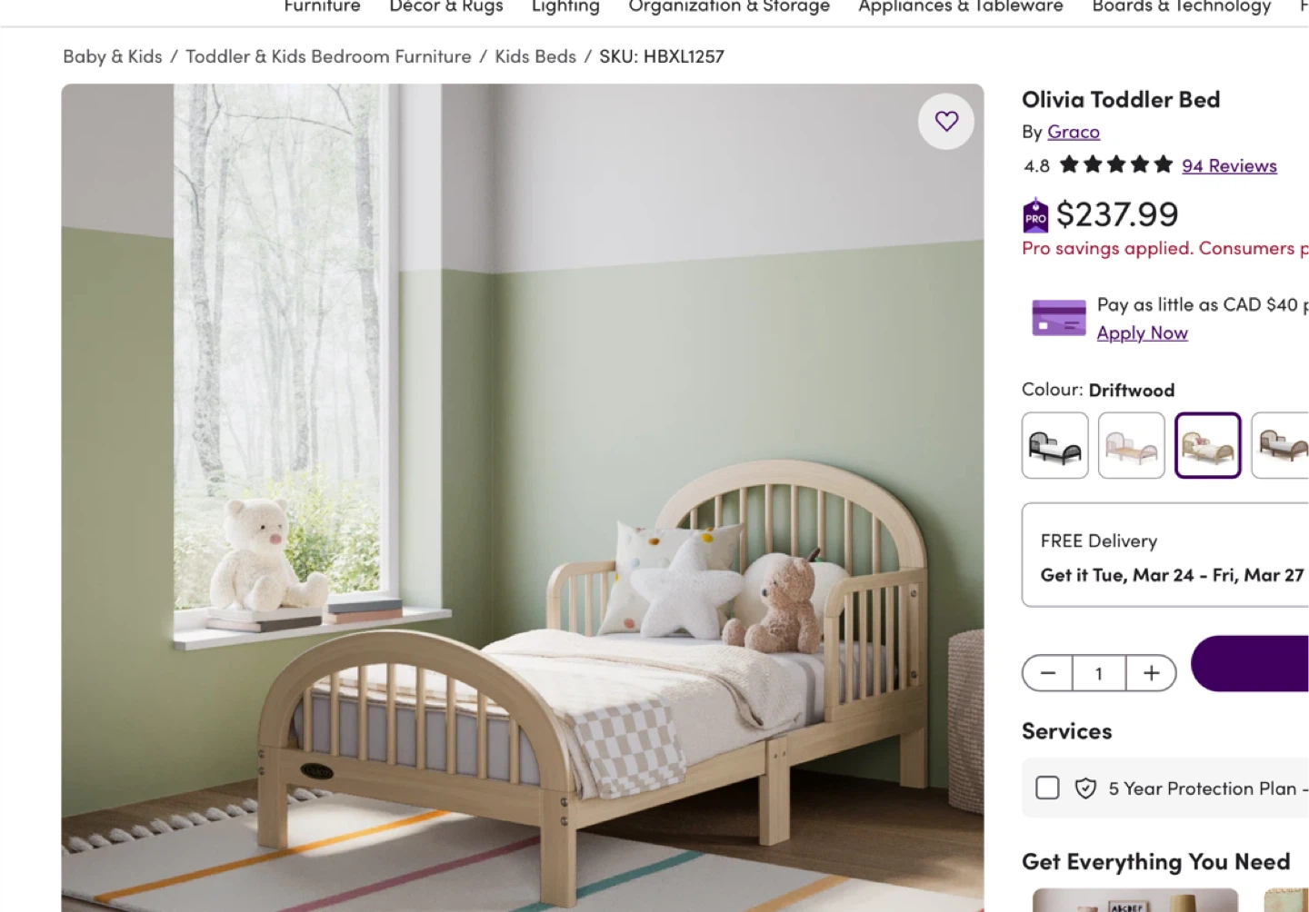 New - Graco Olivia Toddler Bed - Driftwood