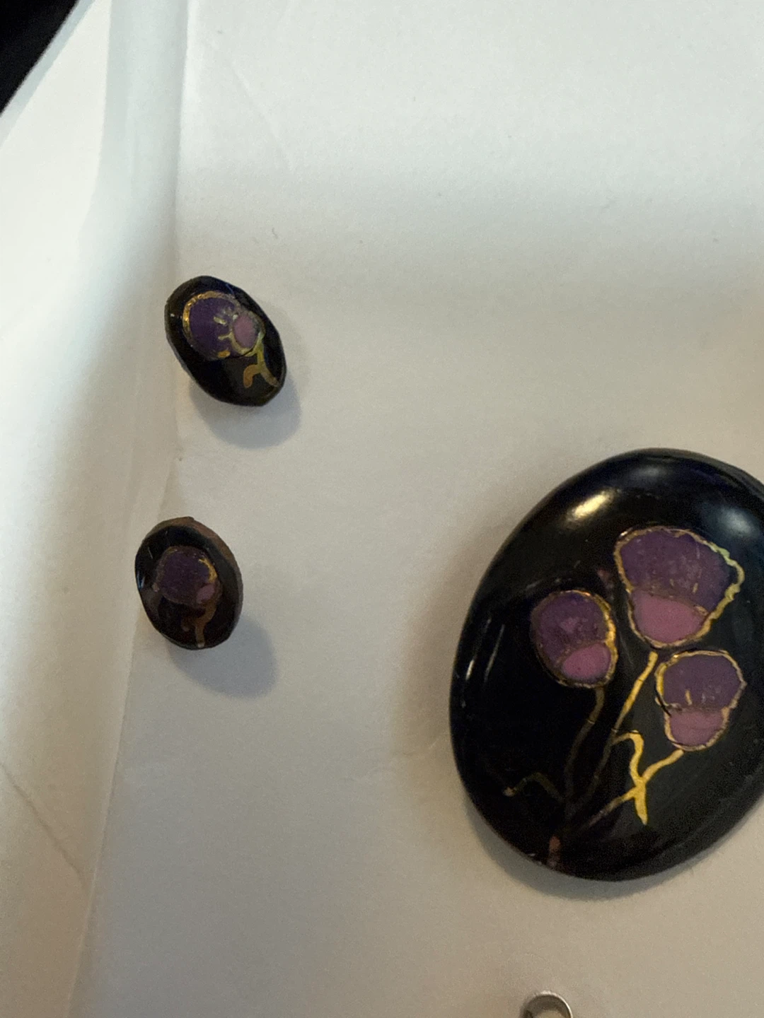 Brooch and Earrings Set with Purple Floral Design