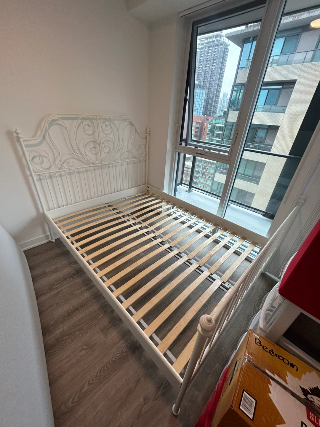 White Metal Bed Frame with Slats