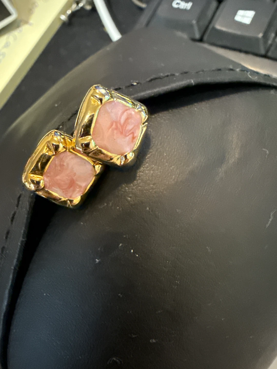 Gold-tone Square Pink Stone Earrings