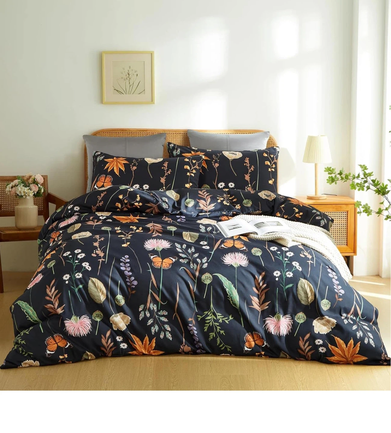 Queen Duvet Cover Set - Floral Butterfly Print