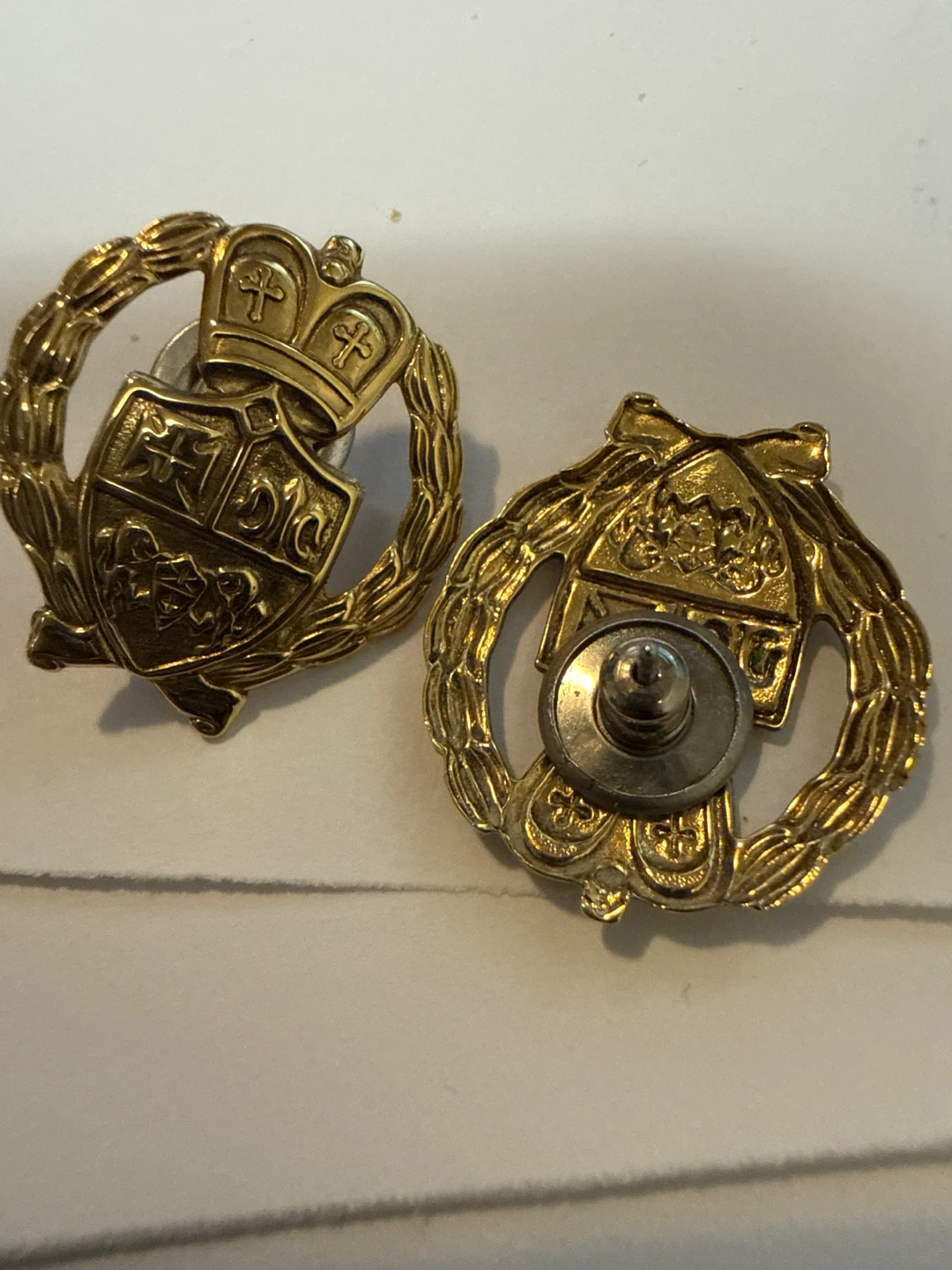 Gold Tone Lapel Pin with Crown and Shield Design
