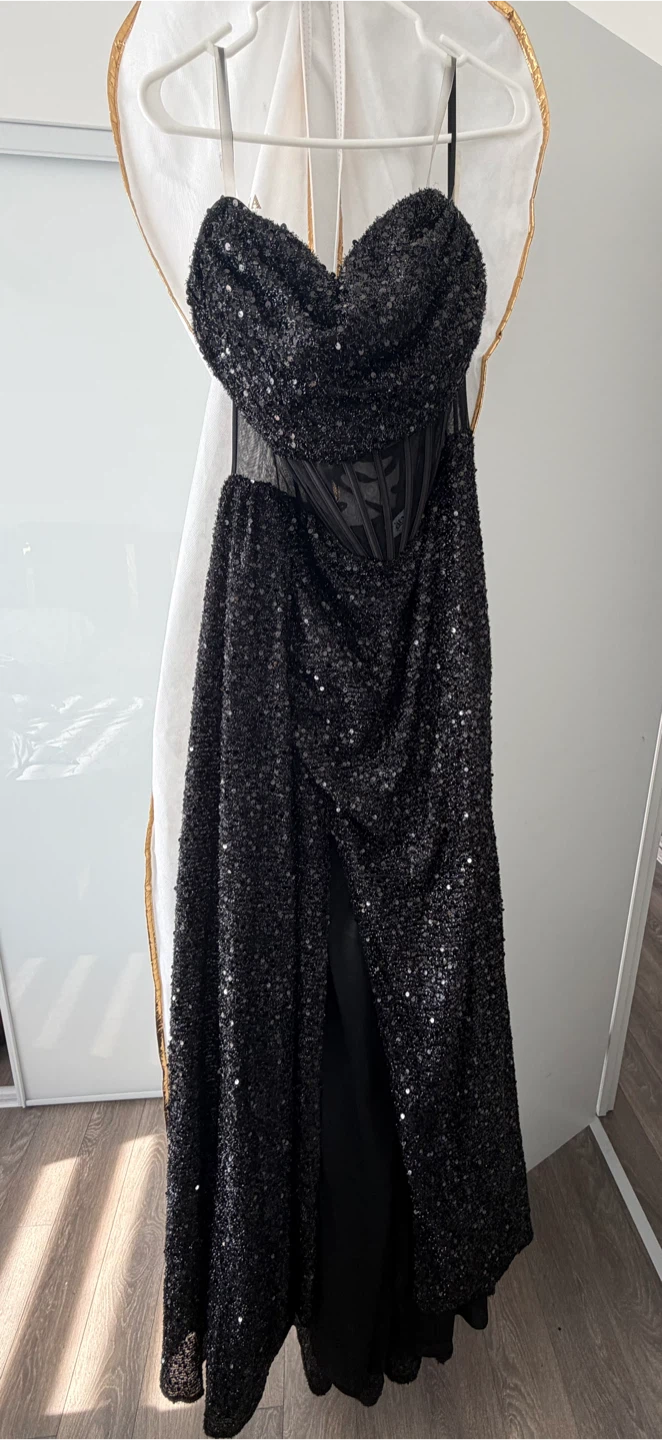 Sparkly Black Sequin Corset Dress with High Slit