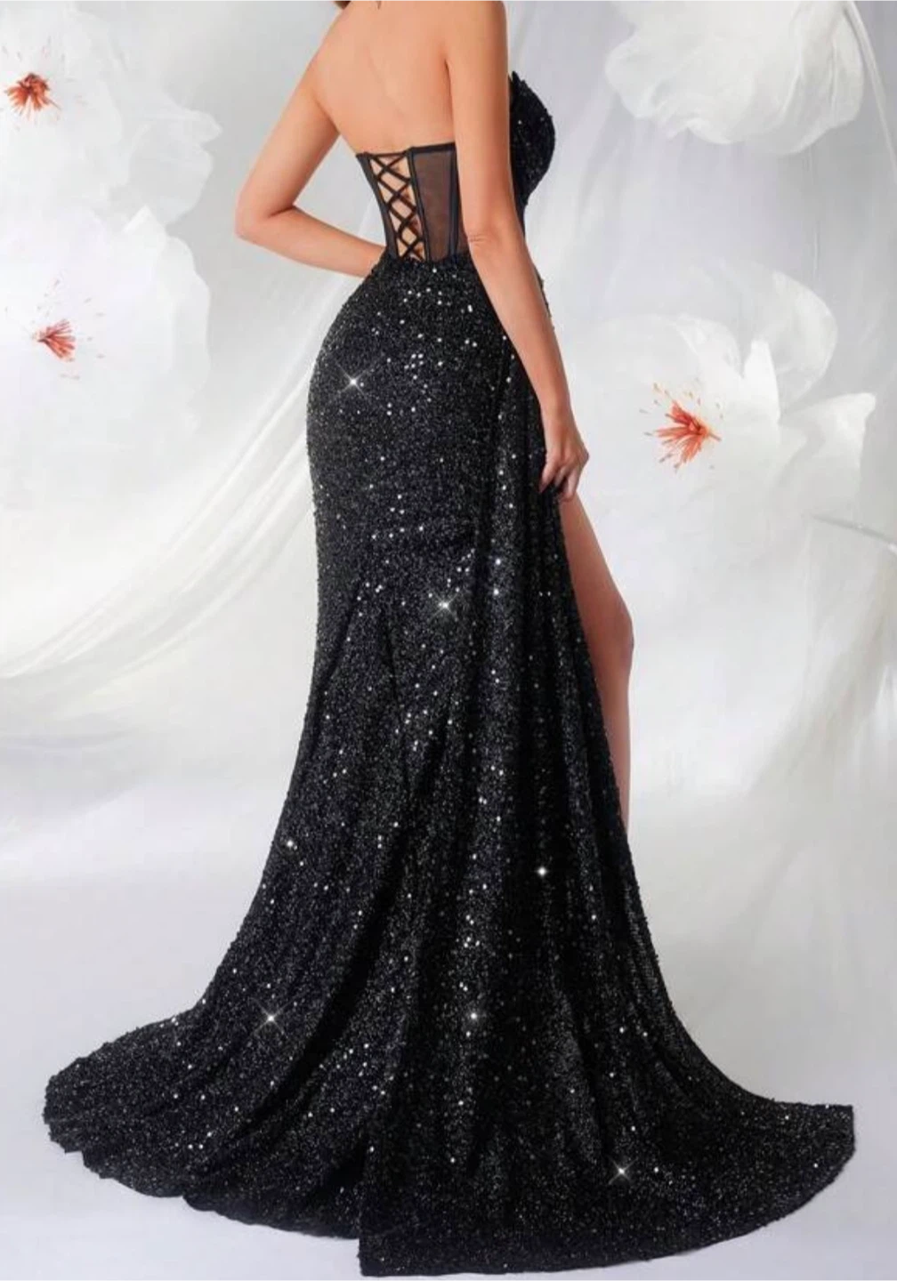 Sparkly Black Sequin Corset Dress with High Slit - photo 3