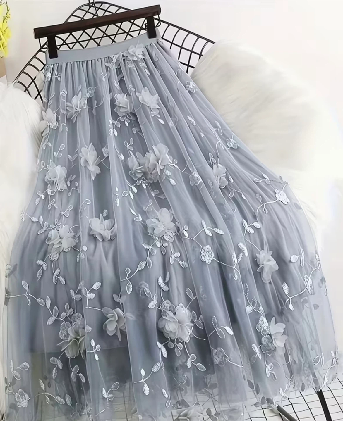 Grey Tulle Skirt with 3D Flowers