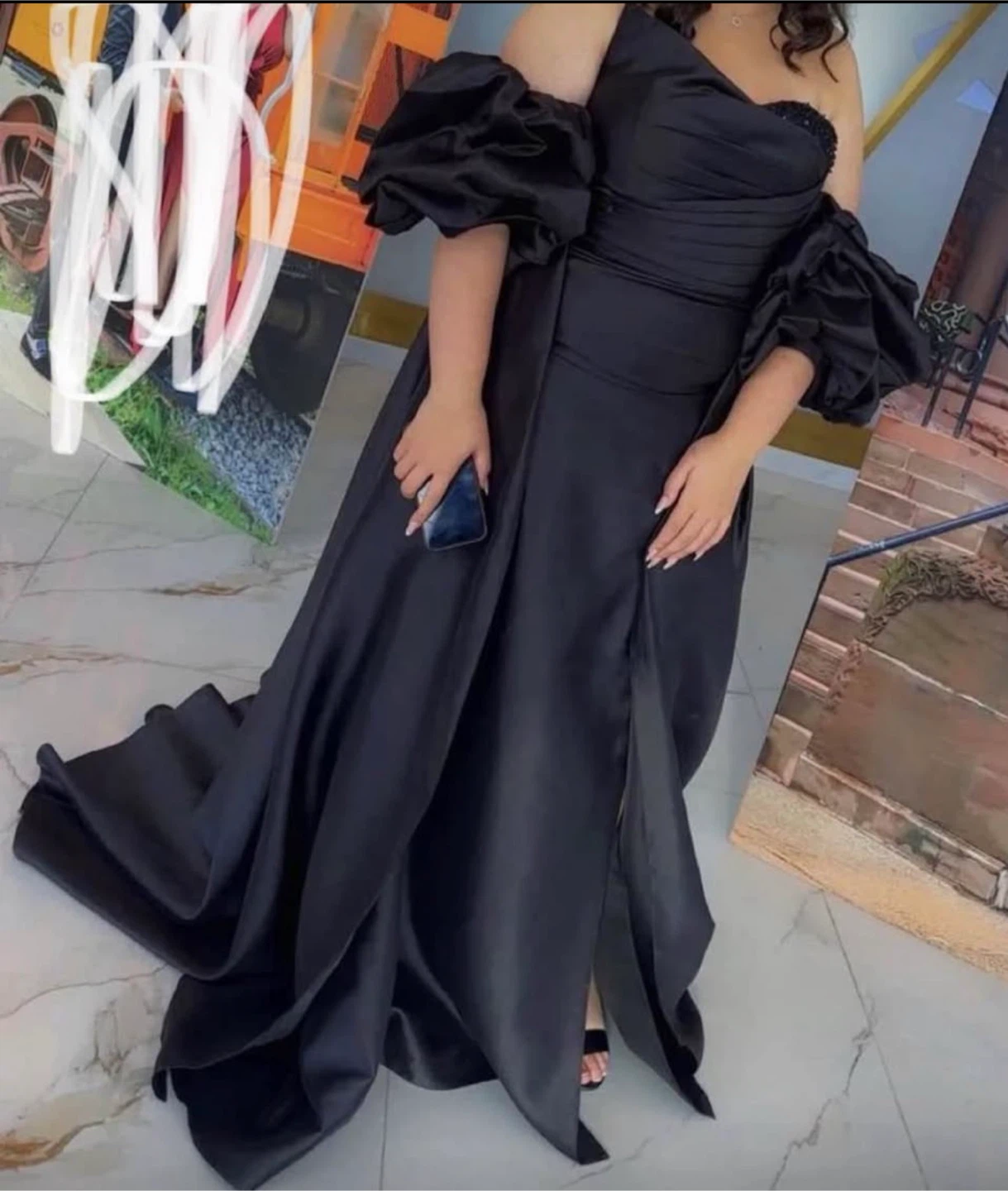 Black One-Shoulder Evening Gown with Puffed Sleeves