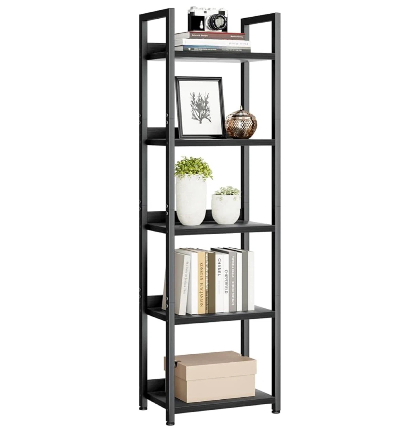 5-Shelf Black Metal Bookcase