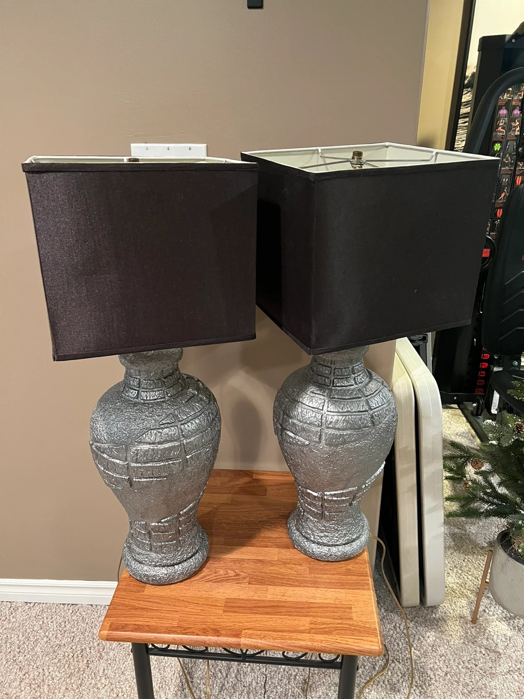 Pair of Silver Decorative Table Lamps with Black Shades