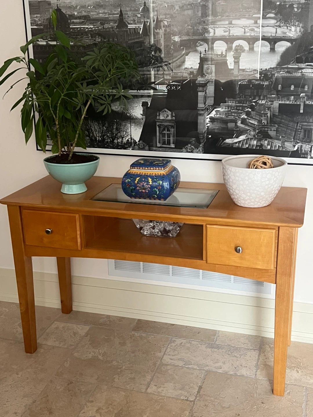 Set of 3 wooden Tables, with glass Insert