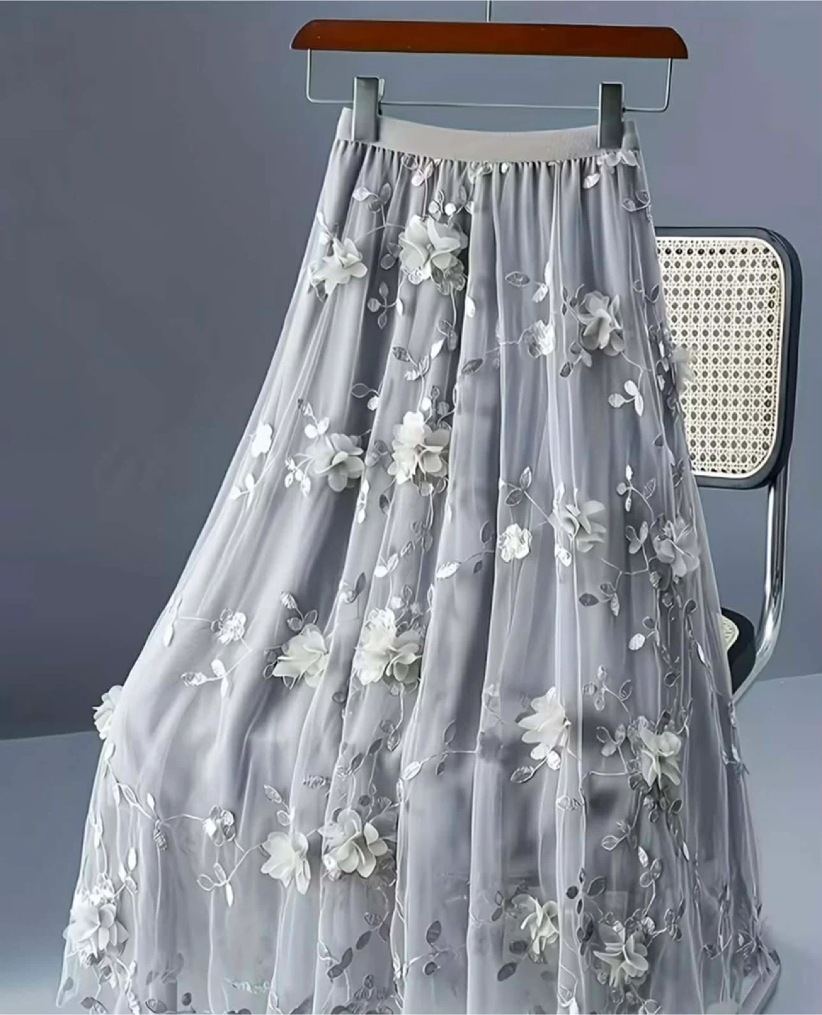 Women's Grey Tulle Maxi Skirt with 3D Flowers - photo 2