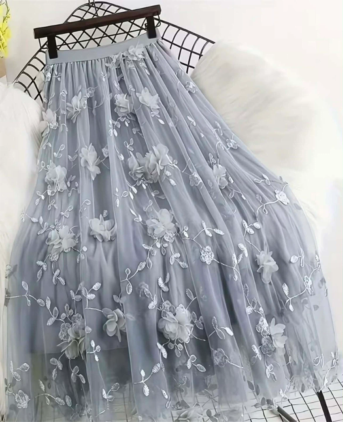 Women's Grey Tulle Maxi Skirt with 3D Flowers