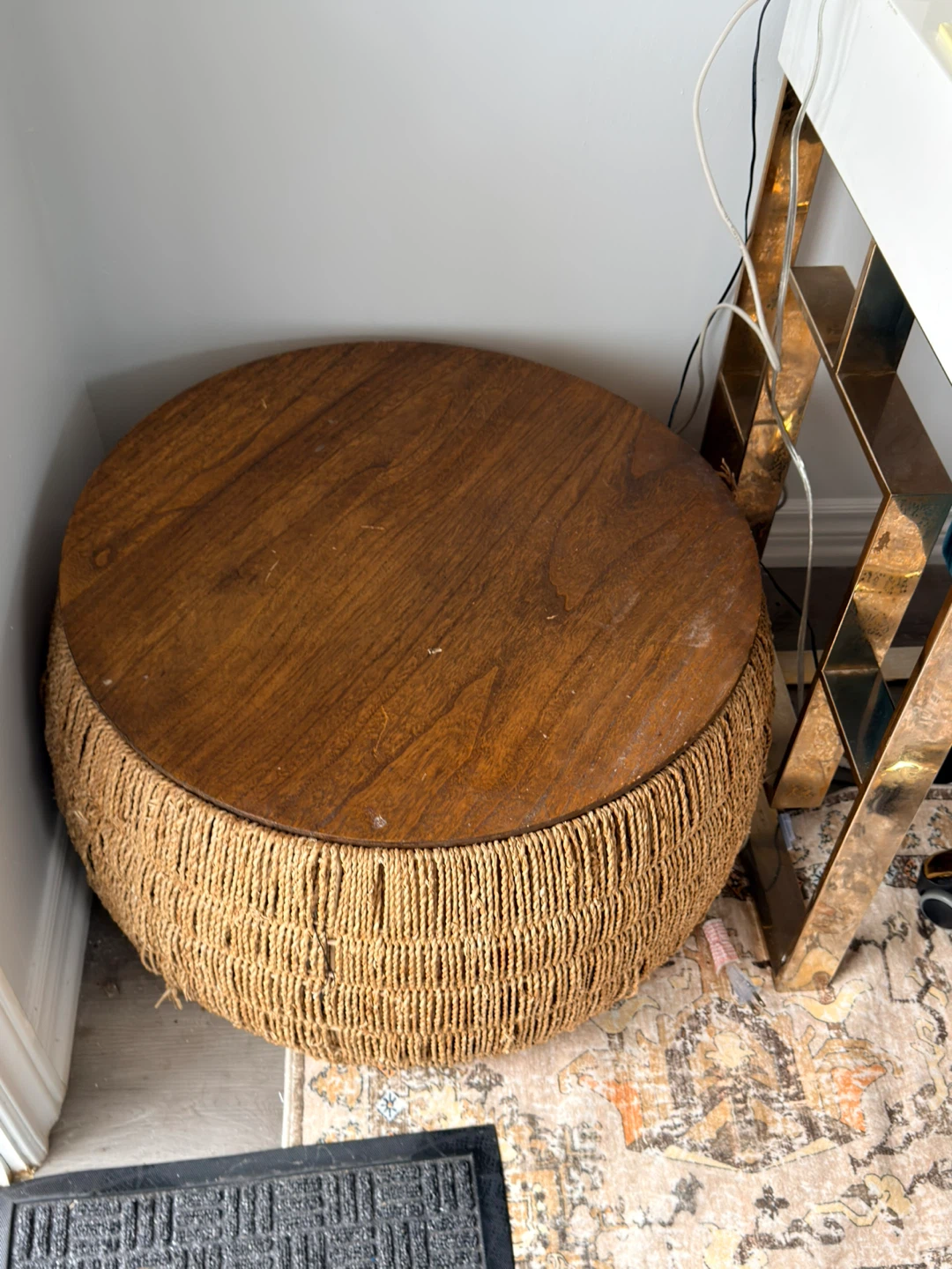 Round Woven Ottoman with Wood Top - photo 3