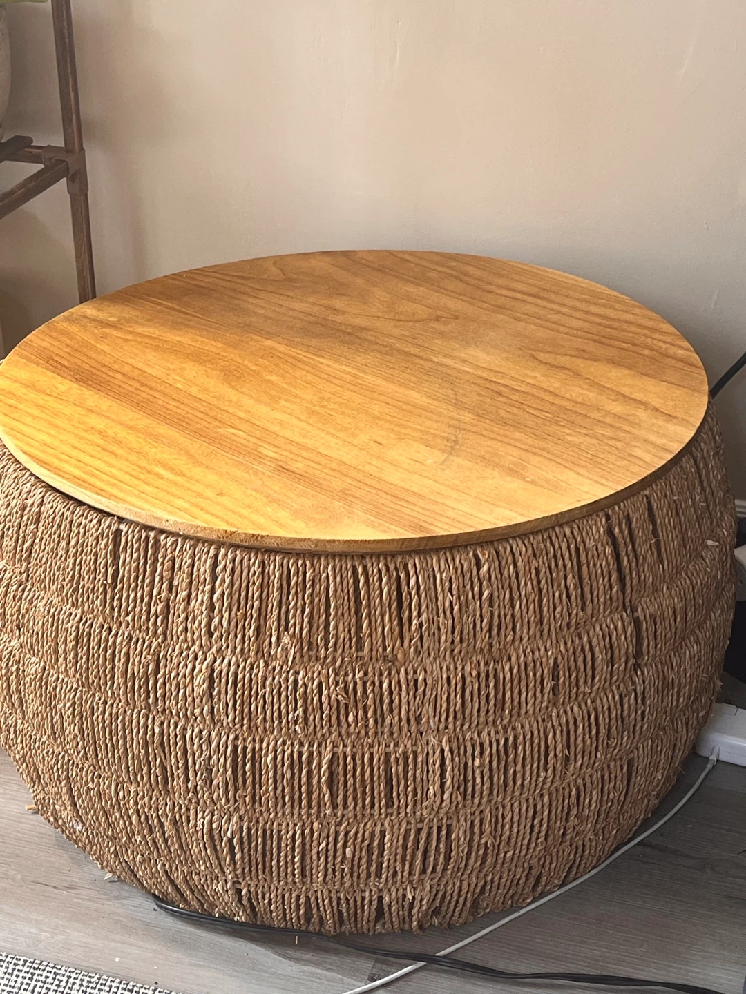 Round Woven Ottoman with Wood Top - photo 2