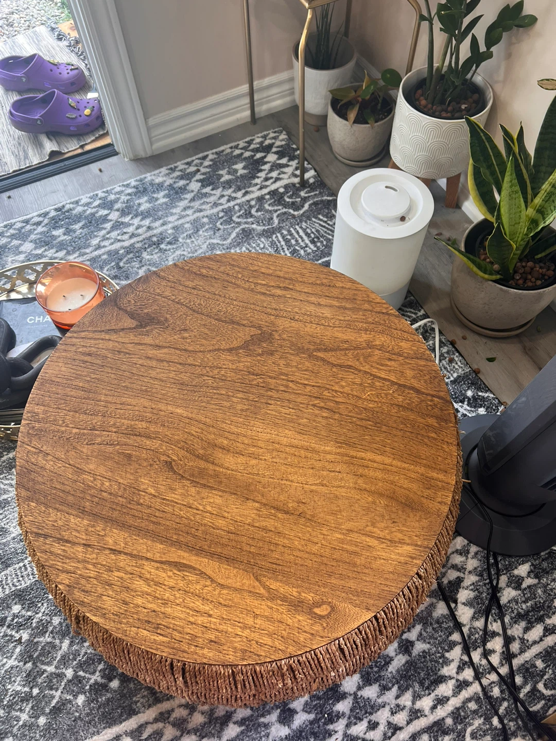 Round Woven Ottoman with Wood Top