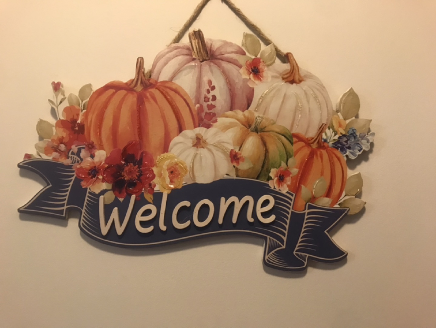 Fall Welcome Sign with Pumpkins and Flowers