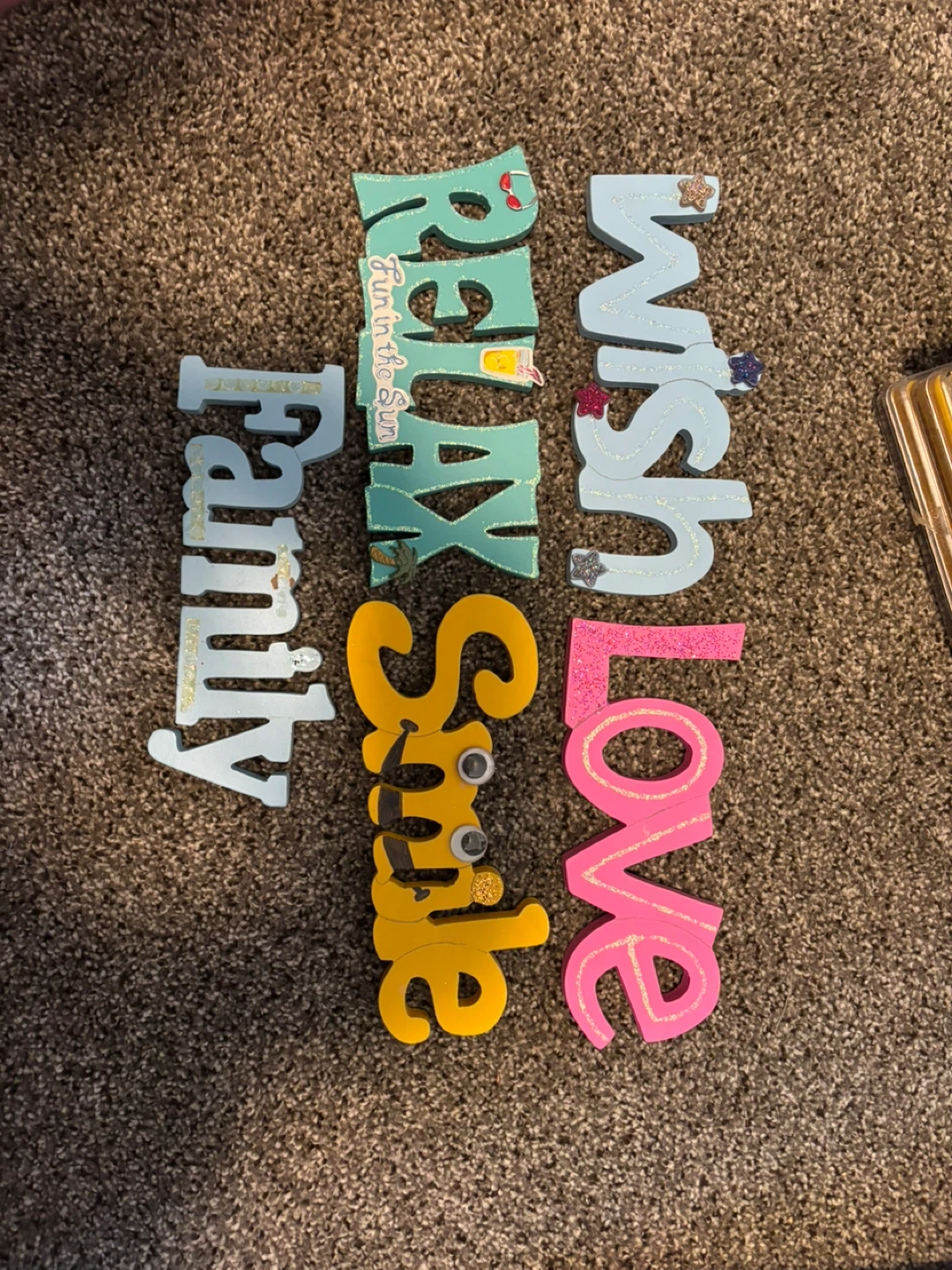 3” Wooden Word Cutouts - Family, Relax, Smile, Wish, Love