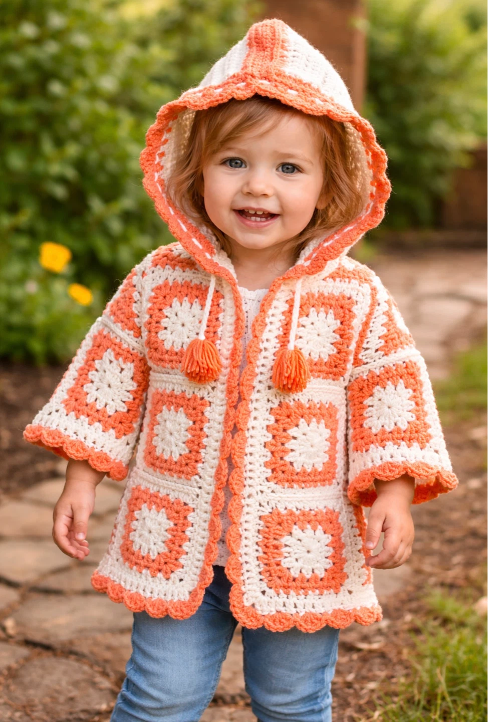Crocheted Hooded Jacket - Orange & White