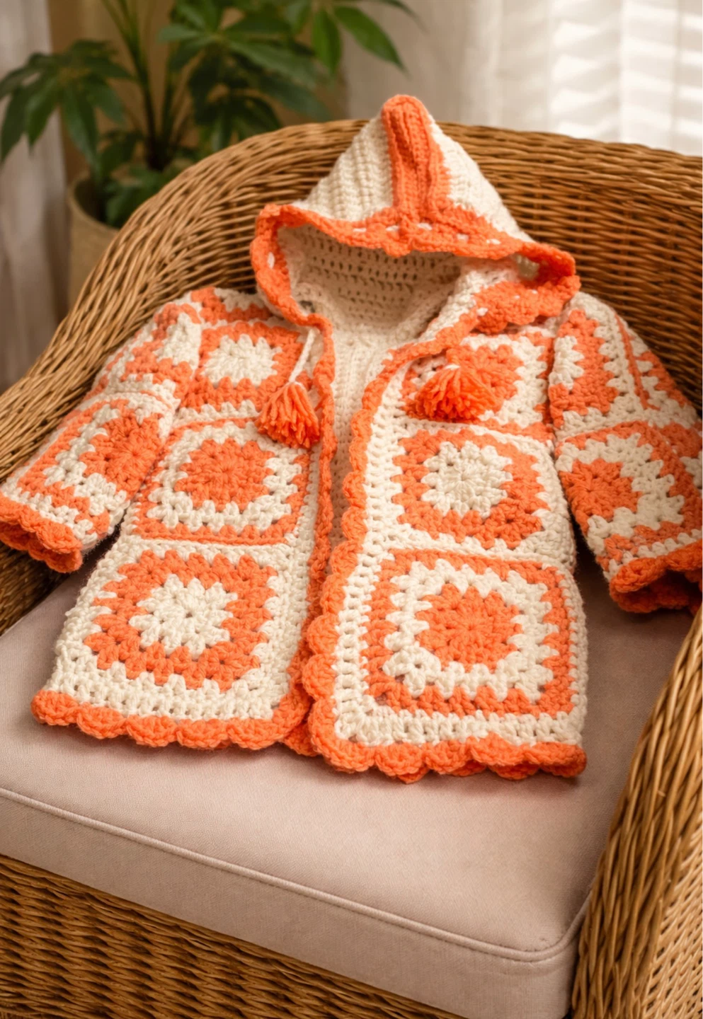 Crocheted Hooded Jacket - Orange & White - photo 2