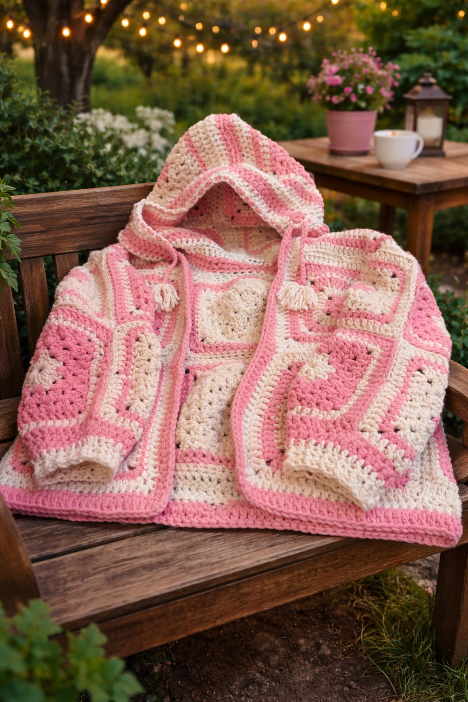 Crocheted Pink and Cream Hooded Cardigan - photo 2