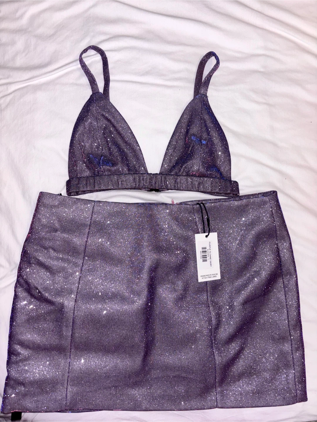 New Sparkly Purple Bralette & Mini Skirt Set