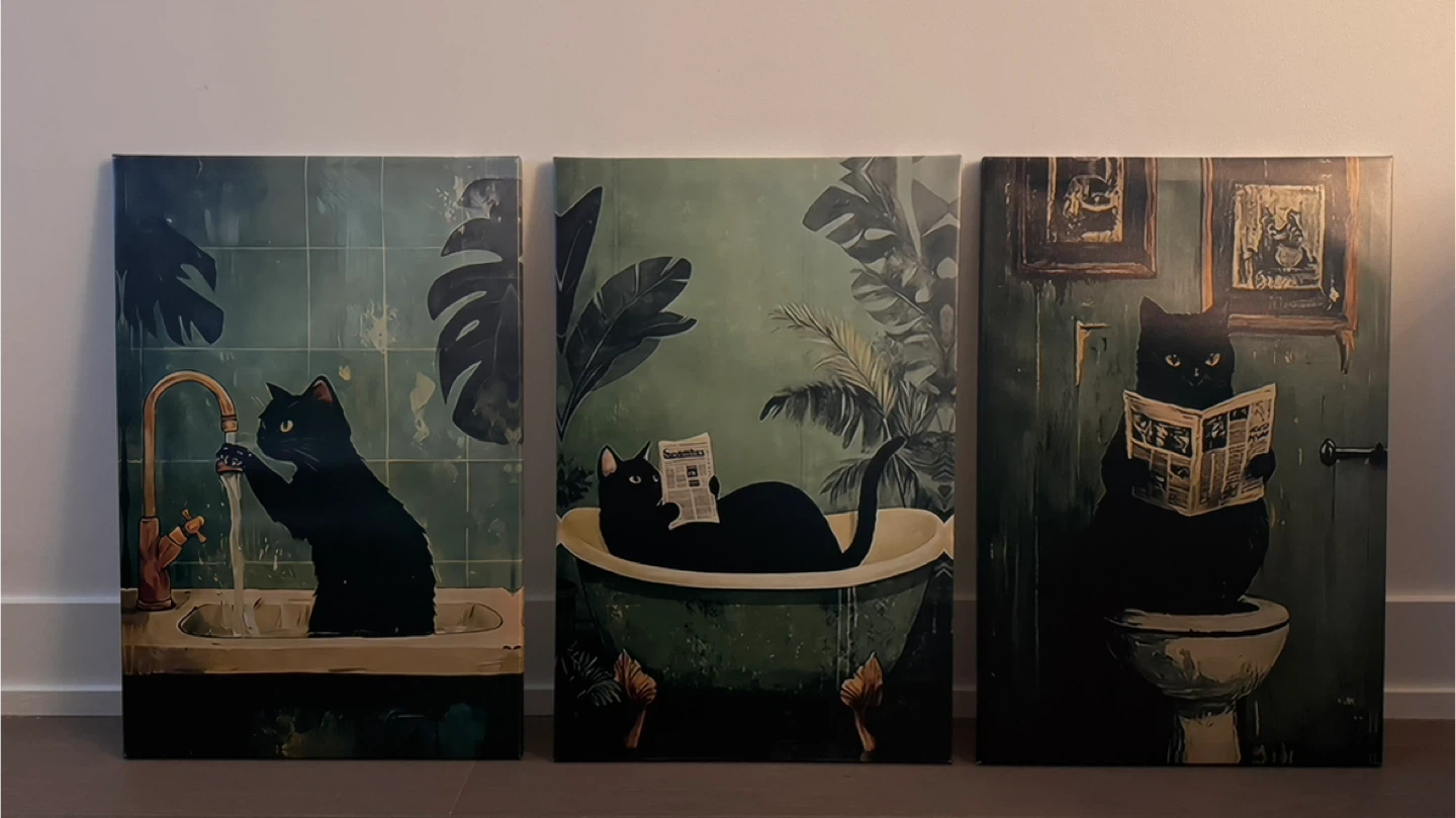 Set of 3 Black Cat Bathroom Art Prints 40x60 cm