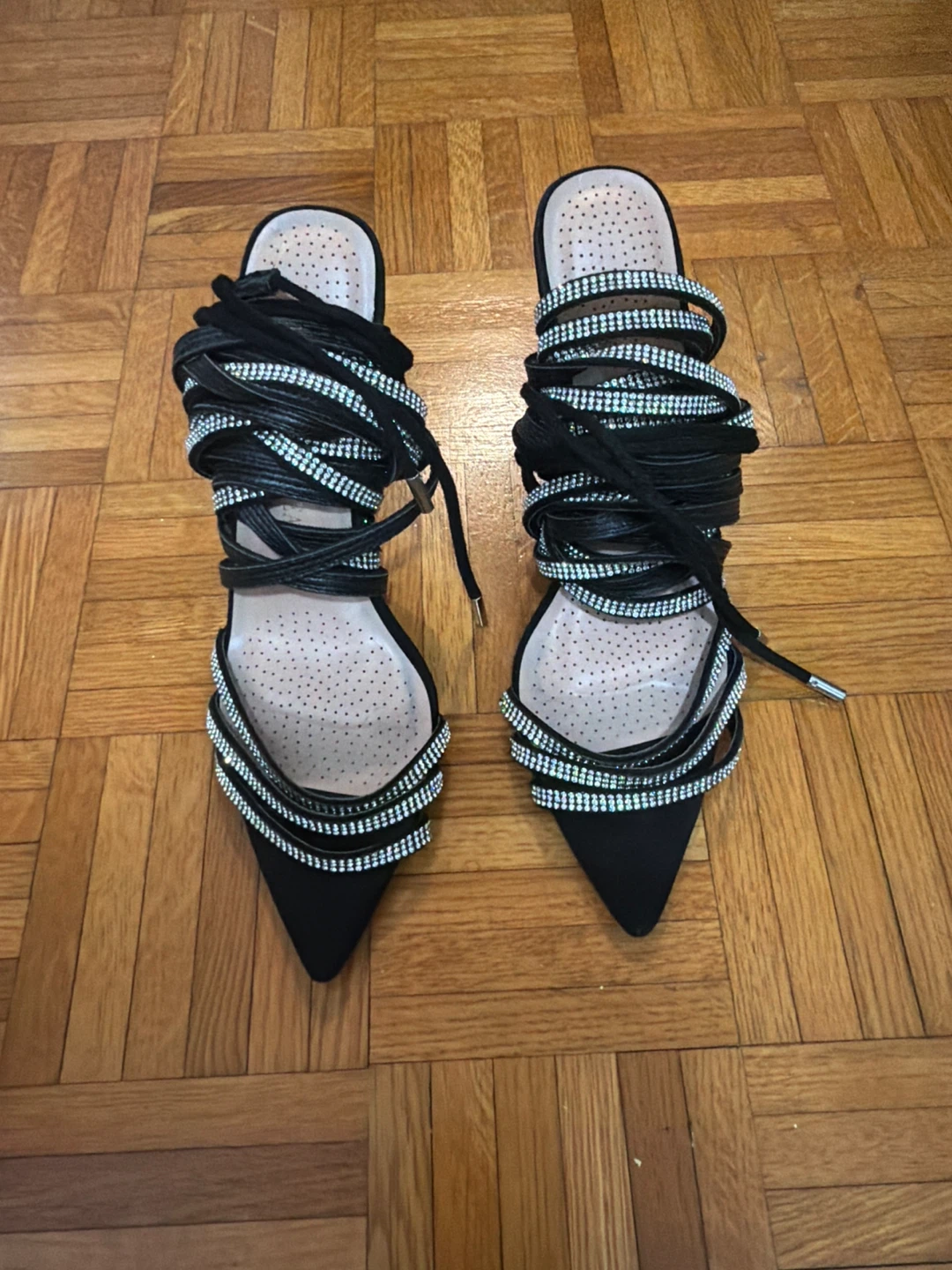Black rhinestone lace-up heels