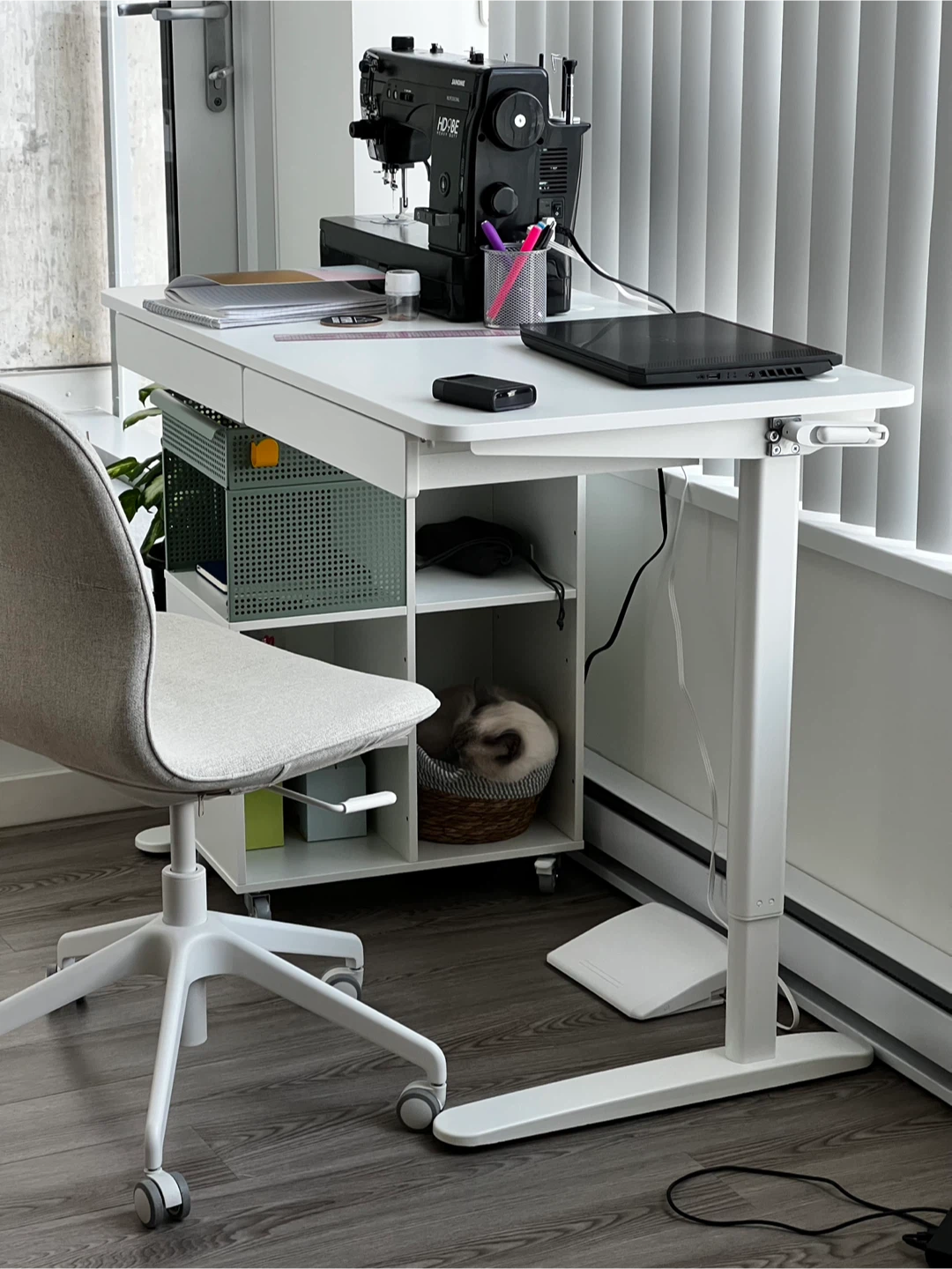 White Height-Adjustable Desk (Sit/Stand) with Drawer