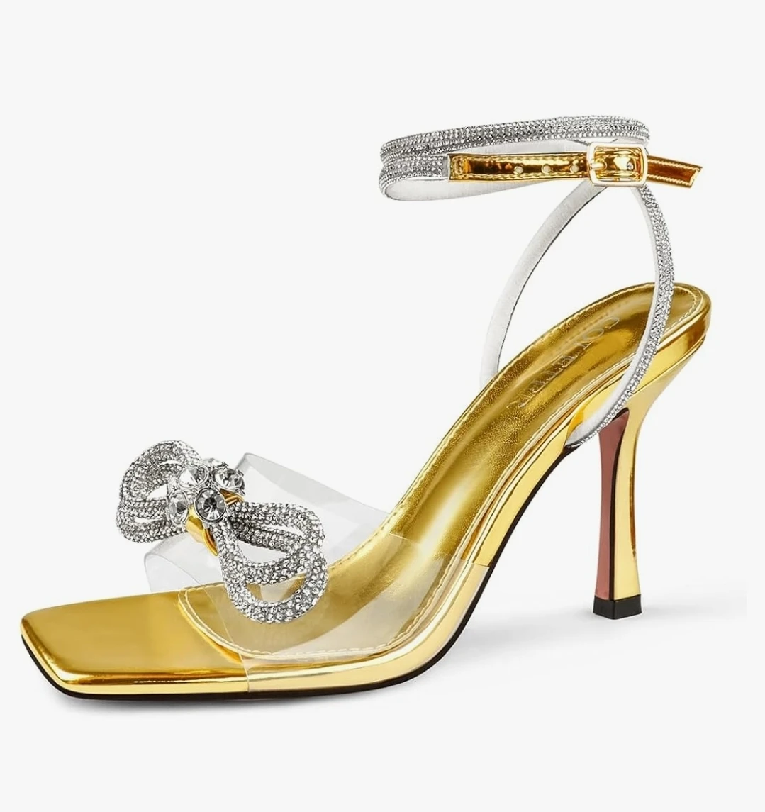 Gold Rhinestone Bow Heels Clear Strap Square Toe Stiletto