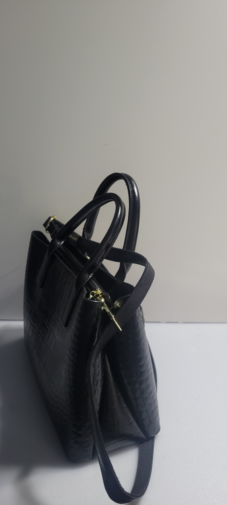 Black Crocodile-Embossed Satchel Handbag with Gold Hardware