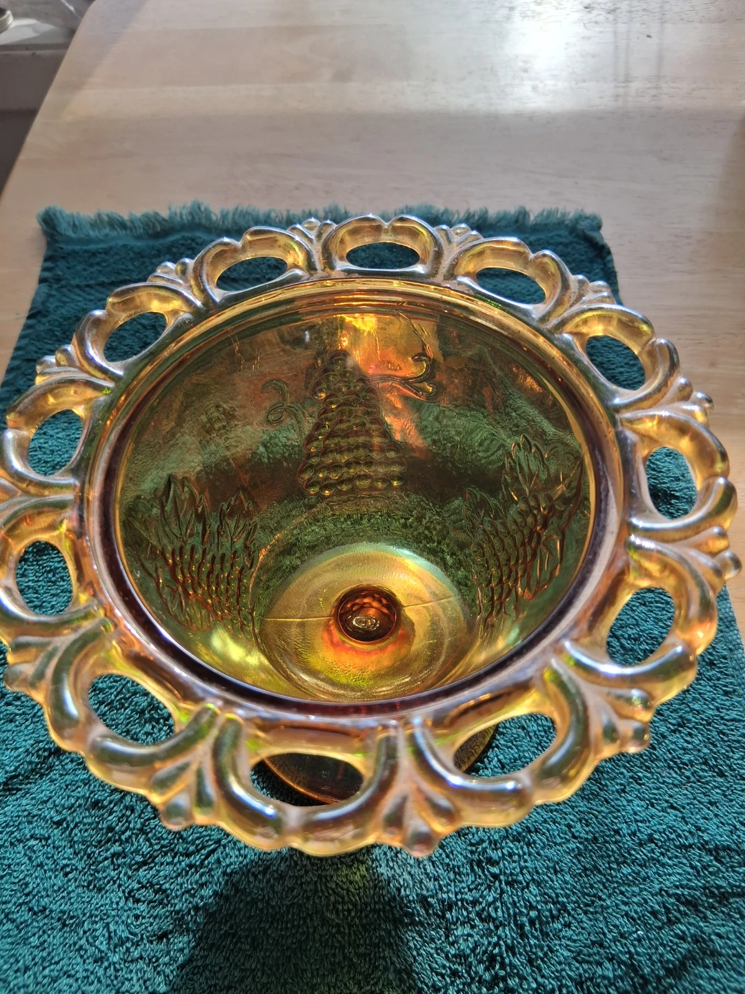 Amber Carnival Glass Covered Dish with Grape Pattern - photo 4