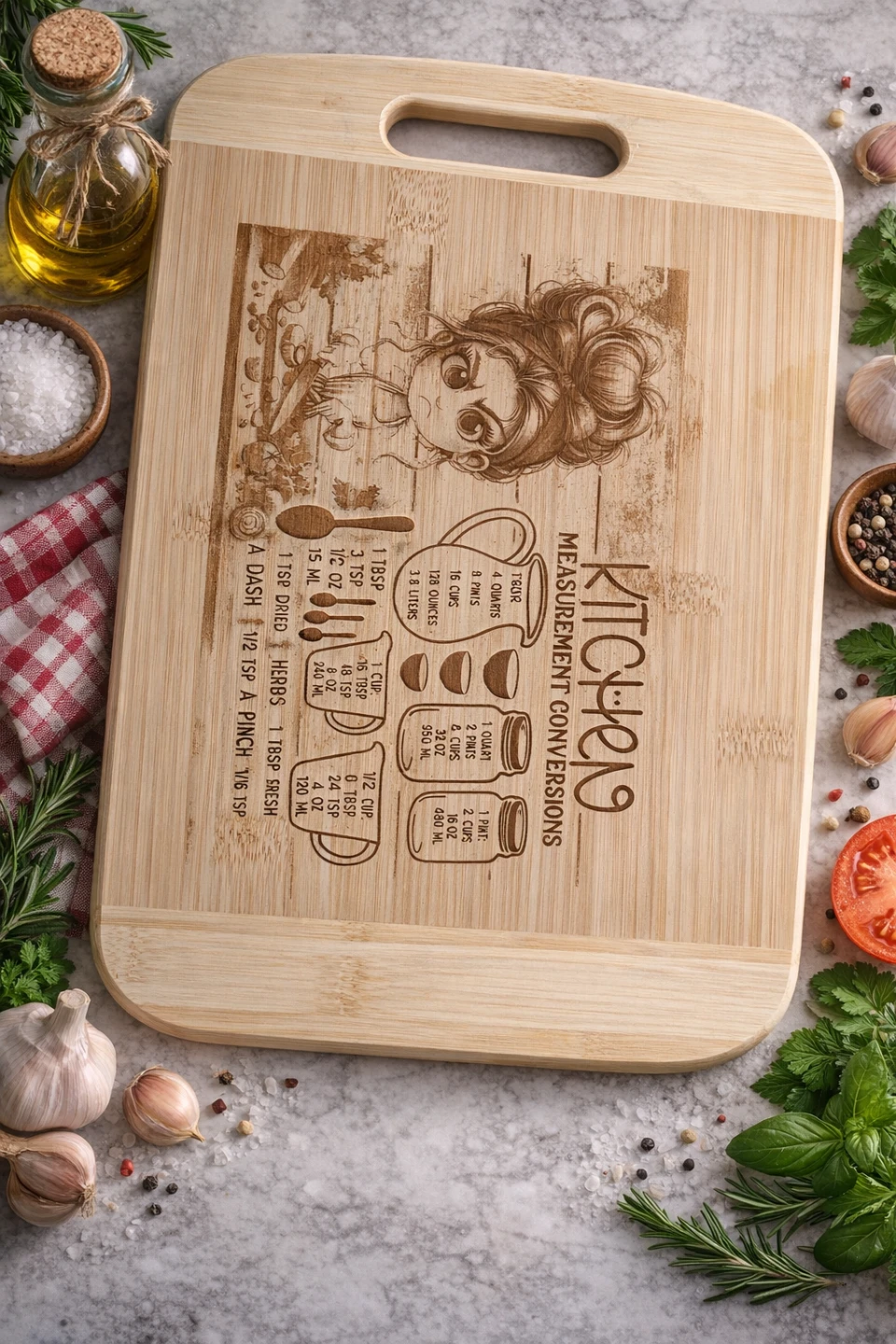 Bamboo Cutting Board with Kitchen Measurement Conversions