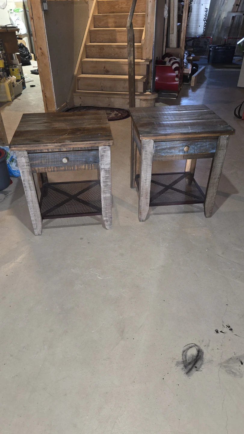 Rustic Wood Coffee Table and side tables with drawers.