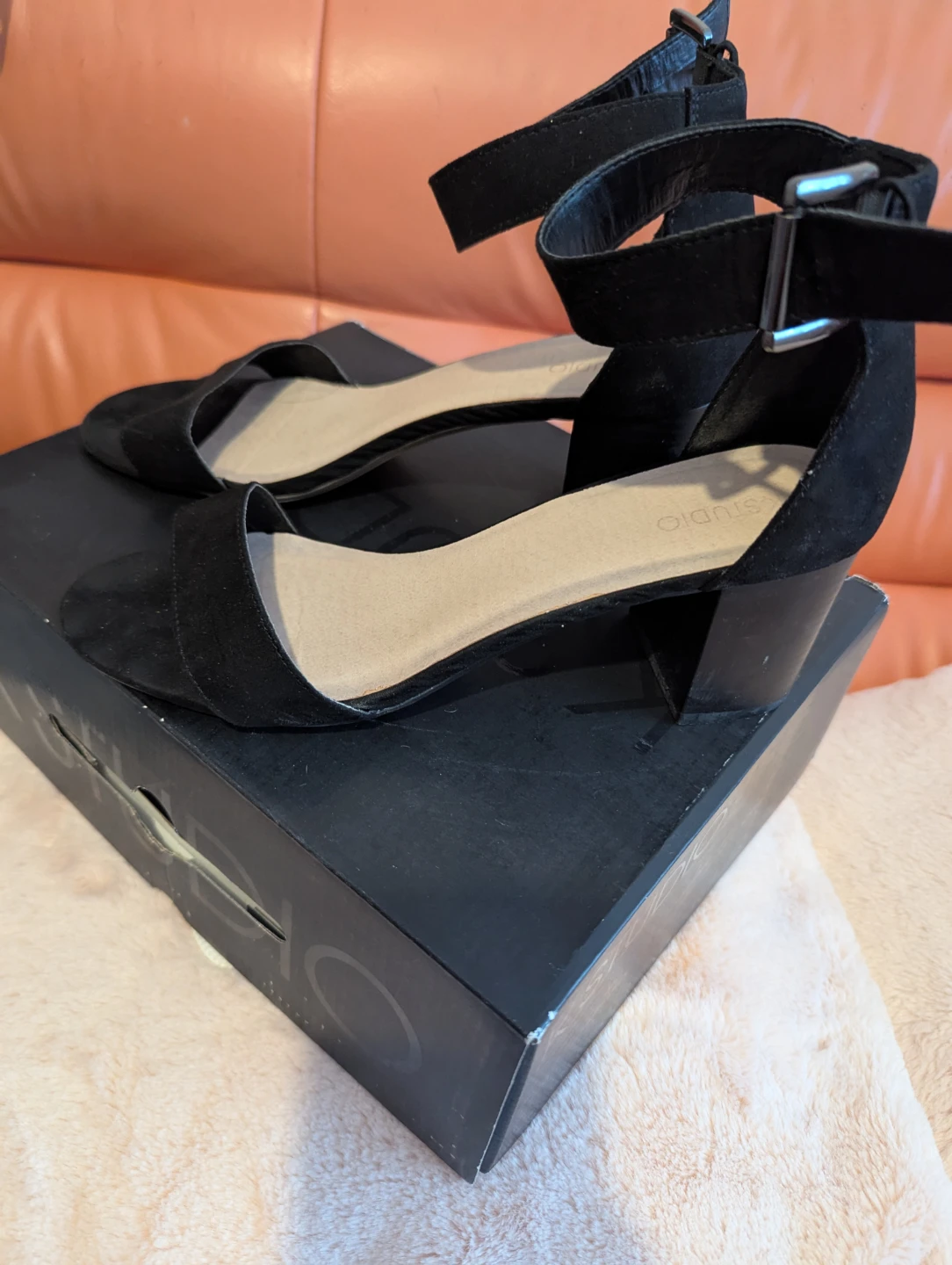 Black Studio Ankle Strap Block Heels