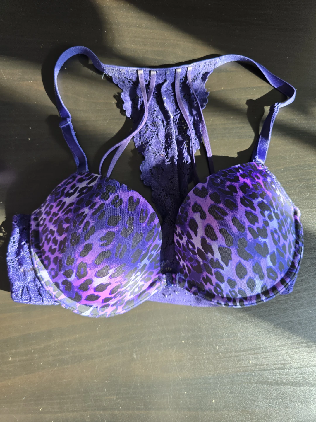 Purple Leopard Print Bra with Lace Back
