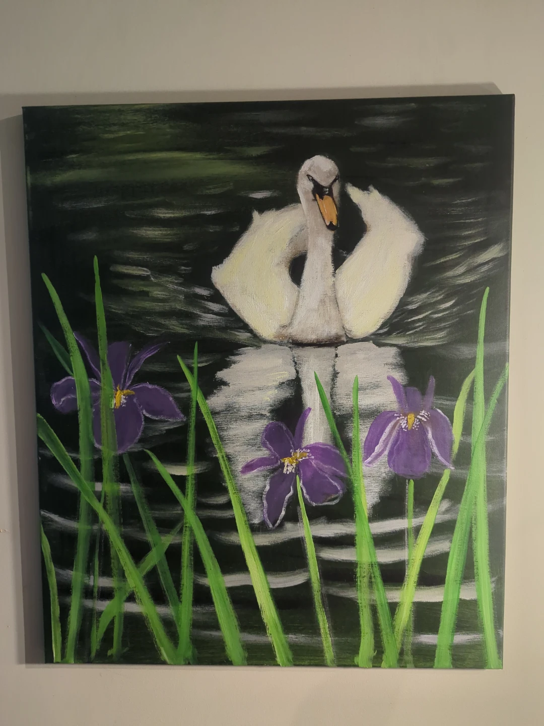 Canvas Painting of Swan and Irises