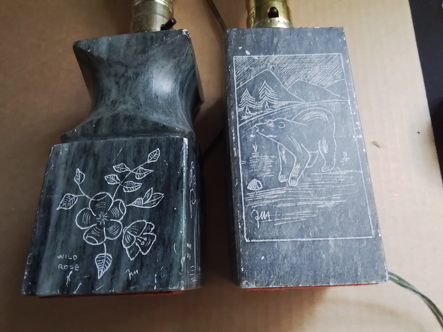 Two Genuine Soapstone Inuit Varved Table Lamps By Dimu - Canada