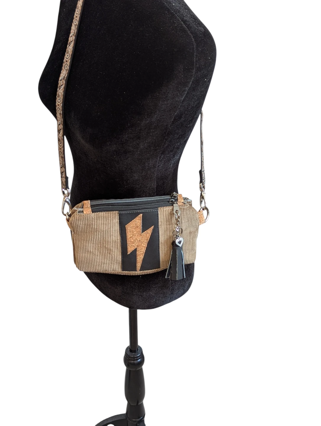 Corduroy Double Clutch Bag with Lightning Bolt Design