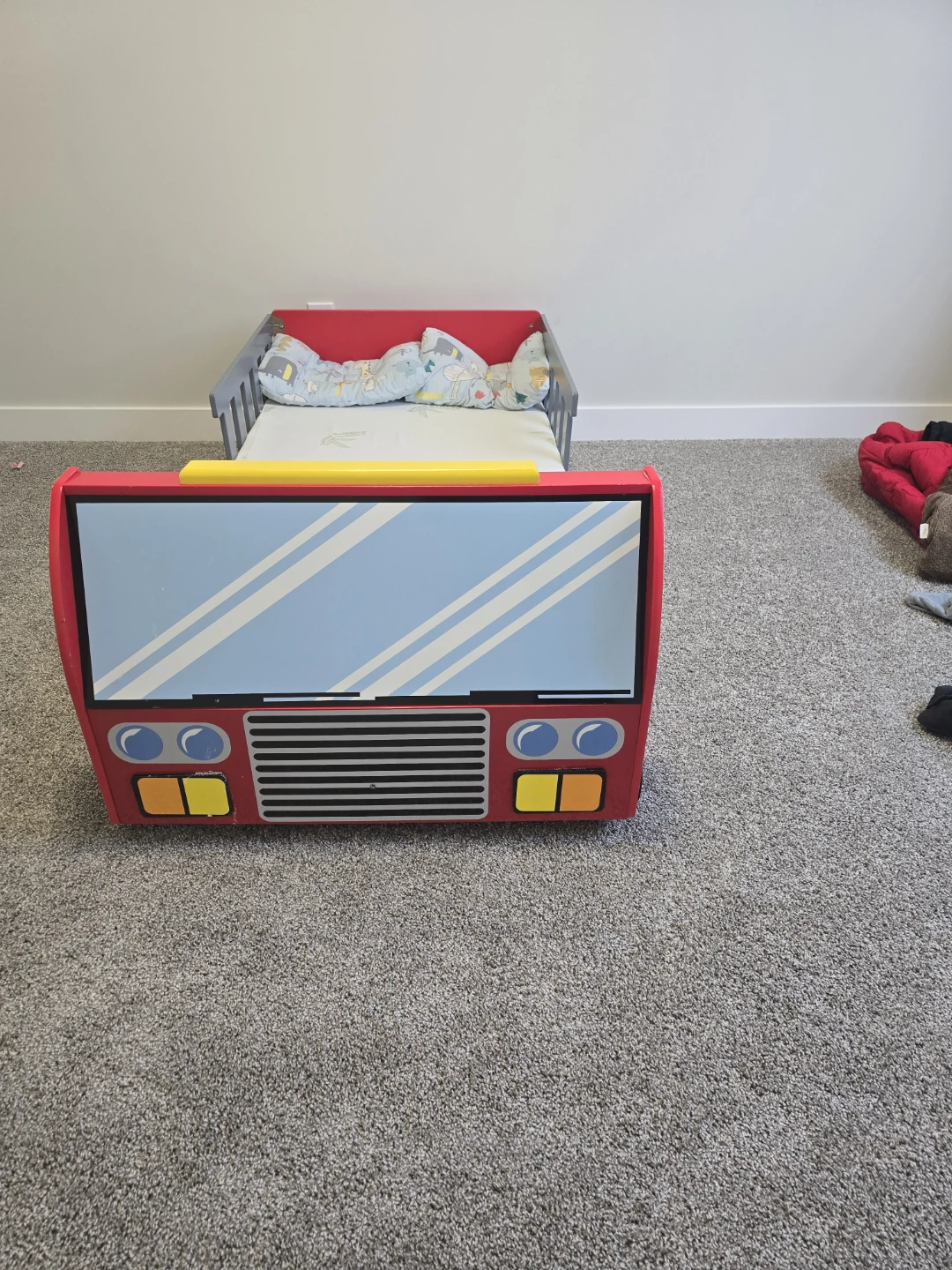 Toddler Fire Truck Bed with Mattress and Pillows