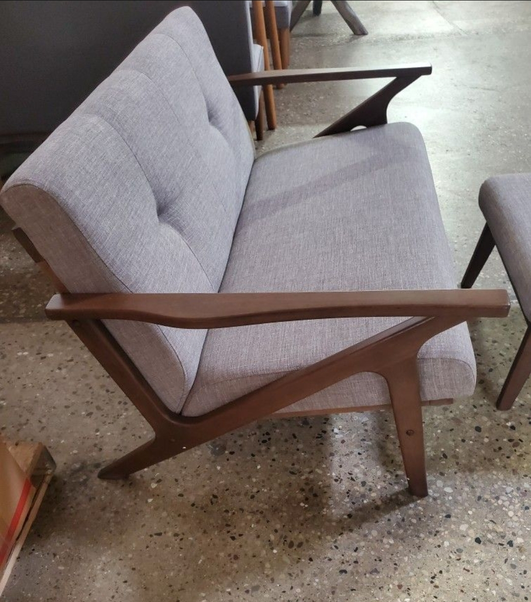 Mid-Century Modern Loveseat and Ottoman Set - Grey Fabric - photo 2