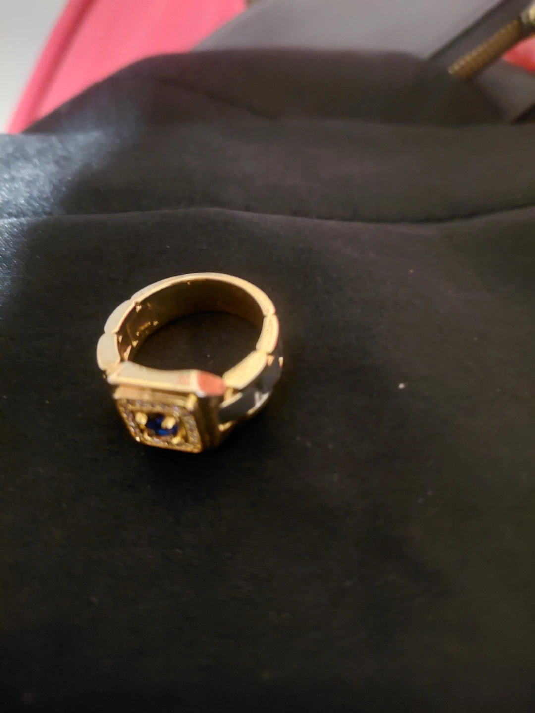 Gold Tone Statement Ring with Blue and Clear Stones