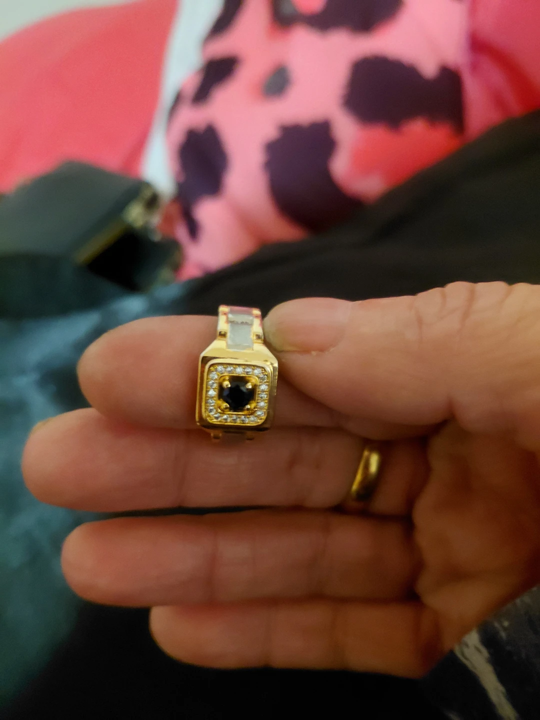 Gold Tone Statement Ring with Blue and Clear Stones - photo 2
