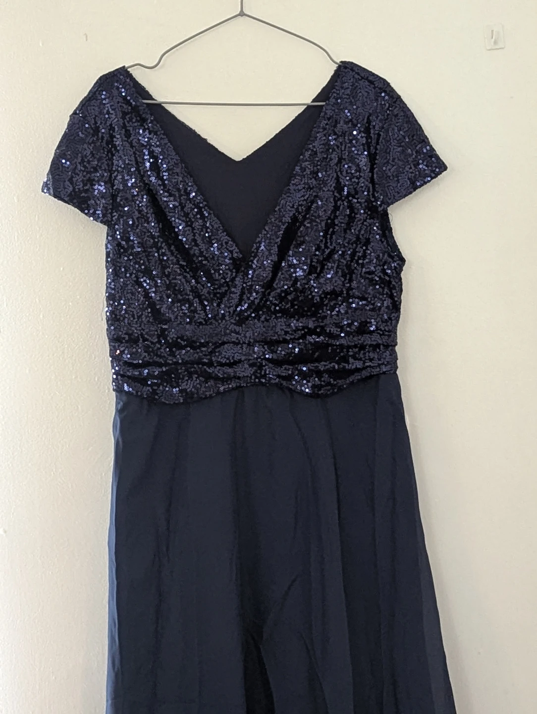 Navy Sequin & Chiffon V-Neck Dress