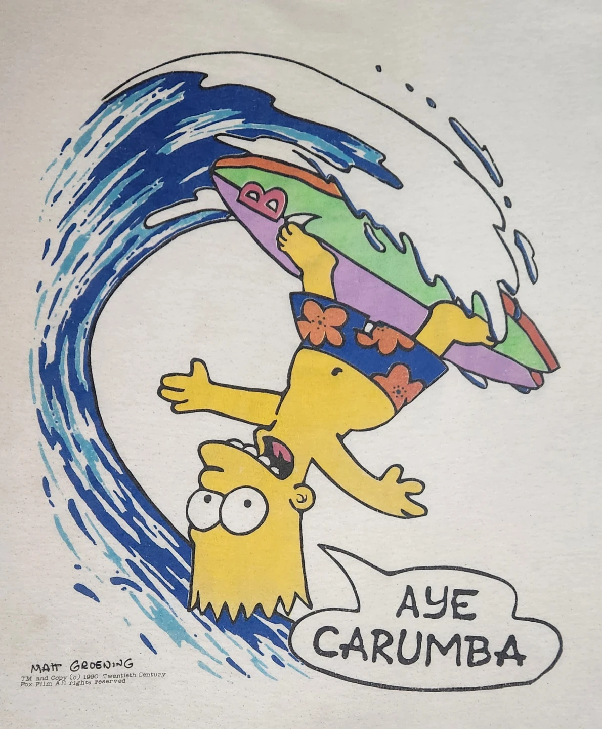 RARE Simpsons "Aye Carumba" Surfing Bart T-Shirt 1990 - photo 3