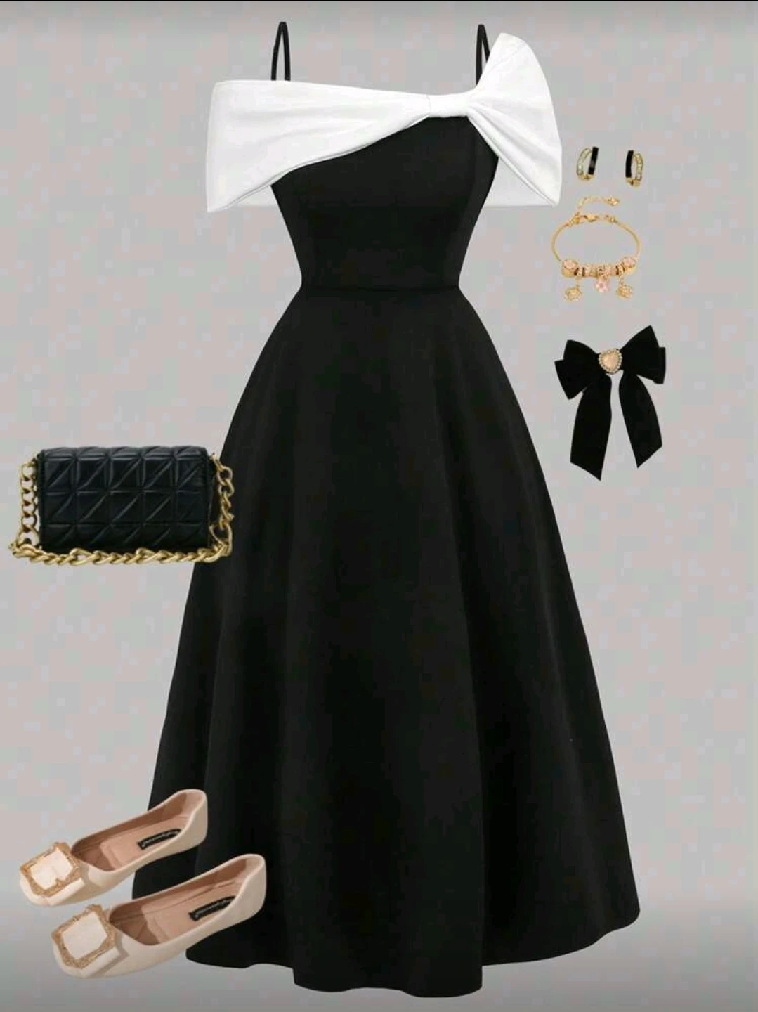 Black Off-the-Shoulder Dress with White Bow Detail - photo 3